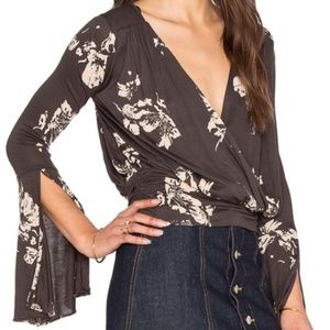 Free People Fiona Wrap Bell Sleeve Blue Floral Top